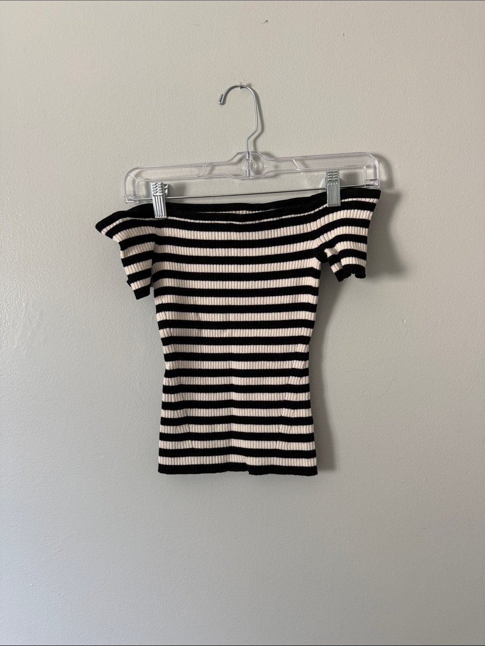 American Eagle Outfitters Black & White Off-the-Shoulder Stretch Striped Top